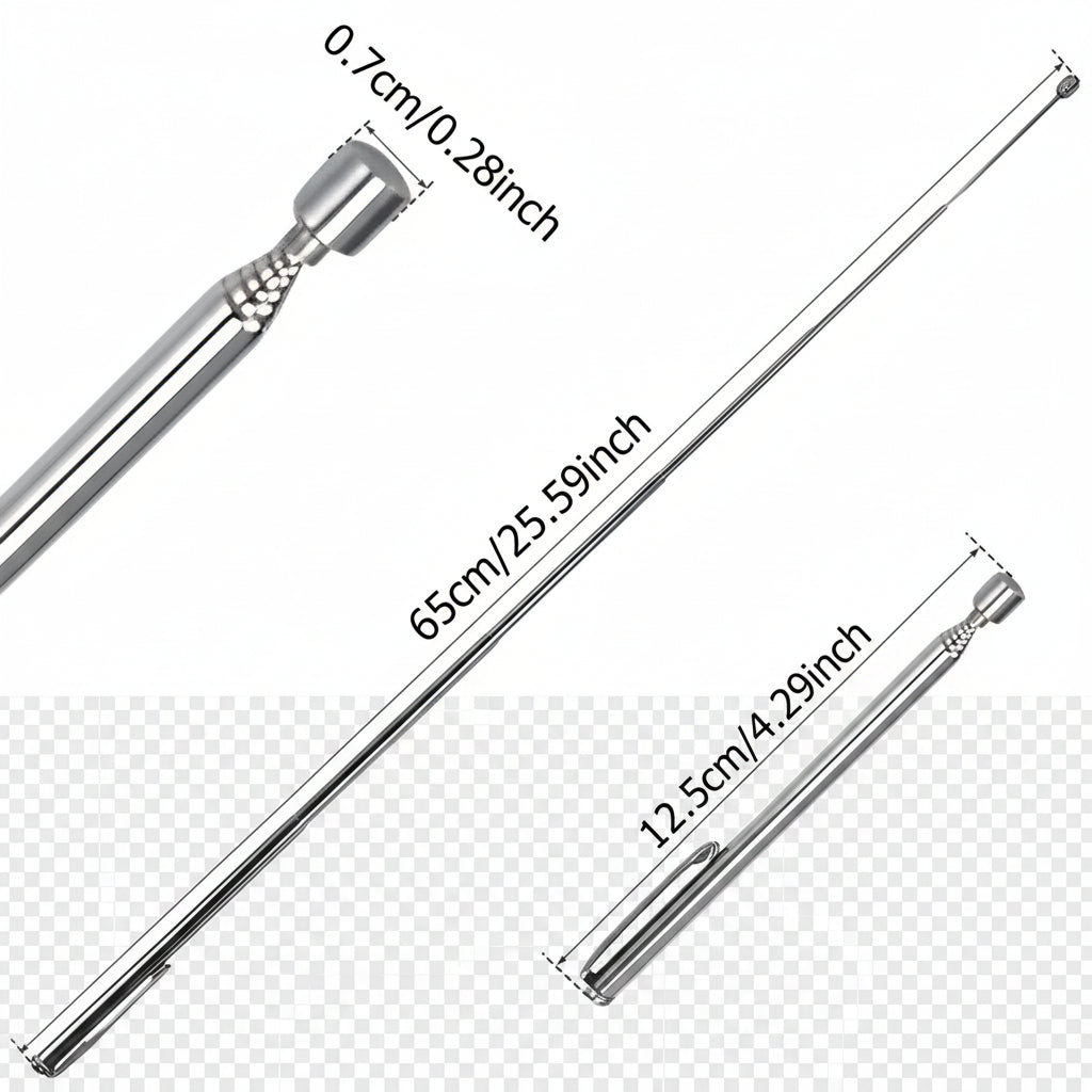 A silver metal telescopic stick shown on a white background with dimension callouts reading 65cm/25.59inch, 12.