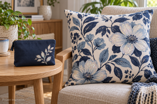 Illustrative Opal glitter gel project ideas: floral cushion and leaf pouch