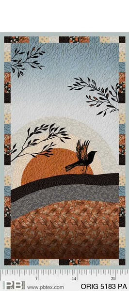 Origins crow fabric panel by P&B Textiles, with a black crow, sunset, leafy branches and earthy landscape