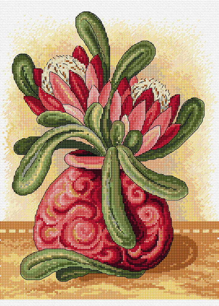 Proteas in a Pink Vase Cross Stitch Pattern by Country Threads