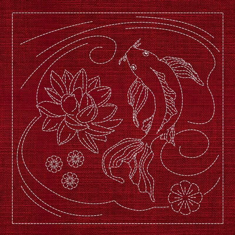 Sashiko Australia Butterfly Koi and Lotus Flower CHERRY RED - Everything Fabric