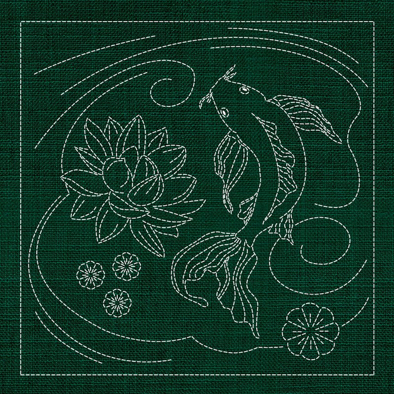 Sashiko Australia Butterfly Koi and Lotus Flower GREEN - Everything Fabric