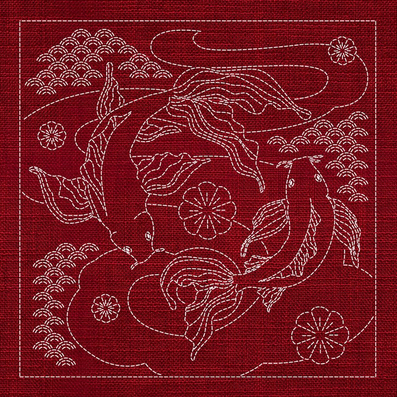 Sashiko Australia Butterfly Koi and Plum Blossom CHERRY RED - Everything Fabric