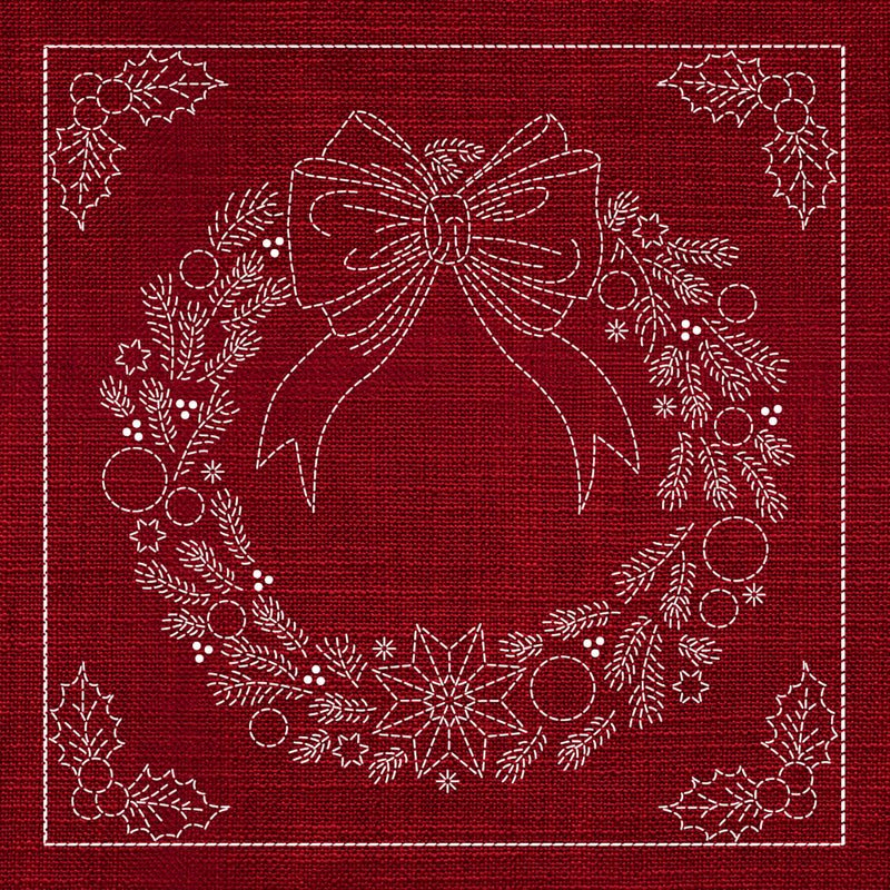 Sashiko Australia Christmas Wreath CHERRY RED - Everything Fabric
