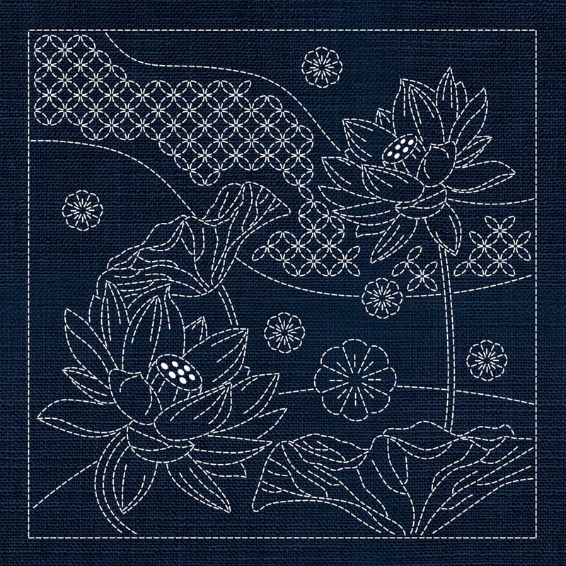 Sashiko Australia Japanese Flowers and Seven Treasures INDIGO - Everything Fabric