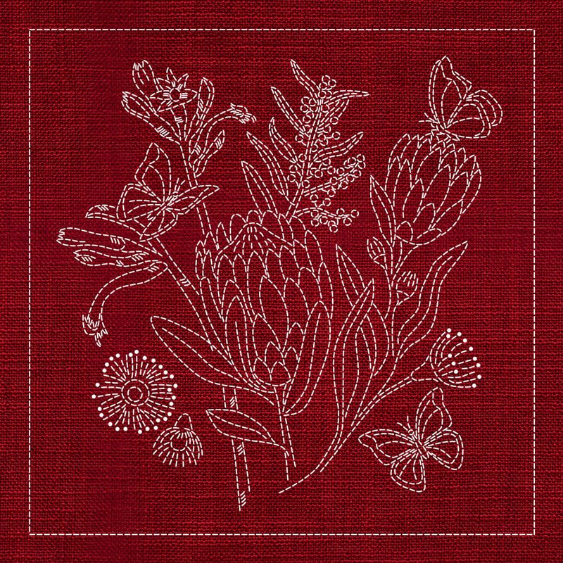 Sashiko Australia Native Flowers 1 - Cherry Red - Everything Fabric