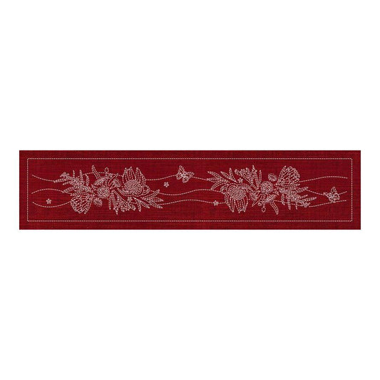 Sashiko Australia Native Flowers 6 Runner - Cherry Red