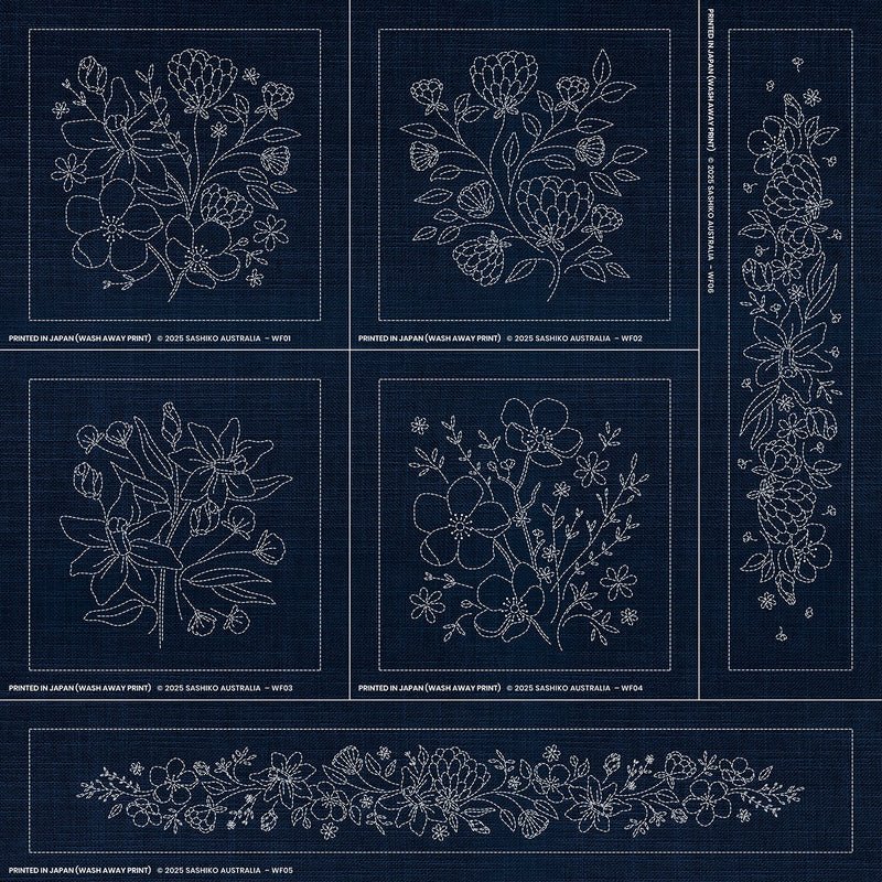 Sashiko Australian Wildflower Collection - 6 Designs - INDIGO - Everything Fabric