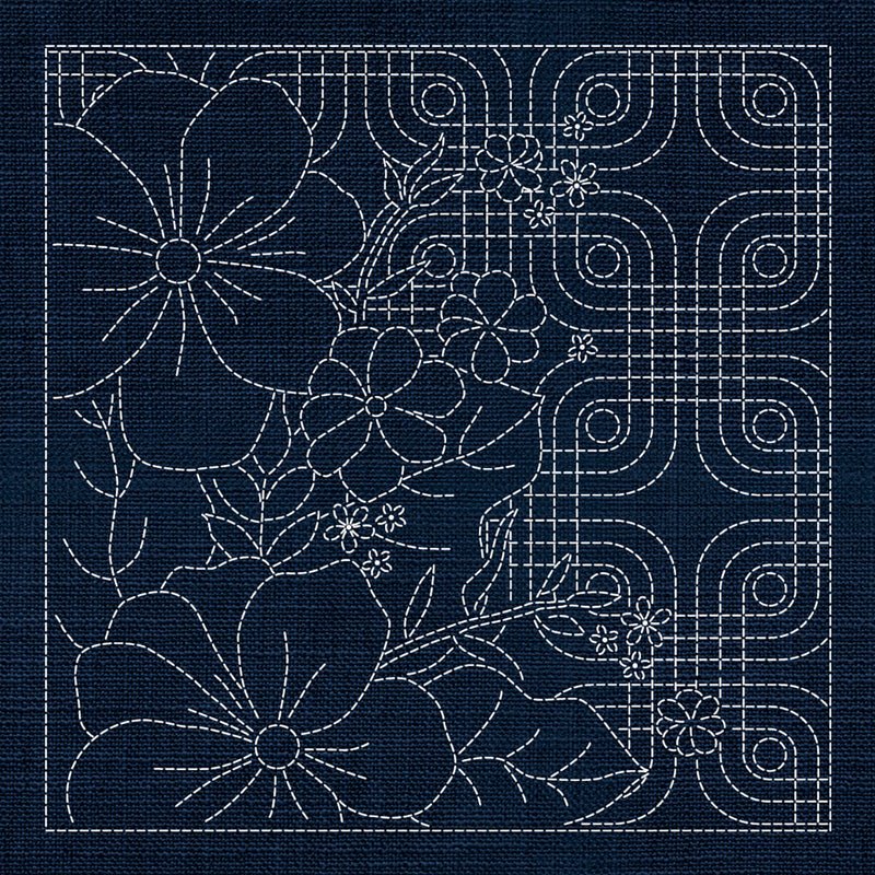 Sashiko Blossoms Geometric - Indigo - Everything Fabric