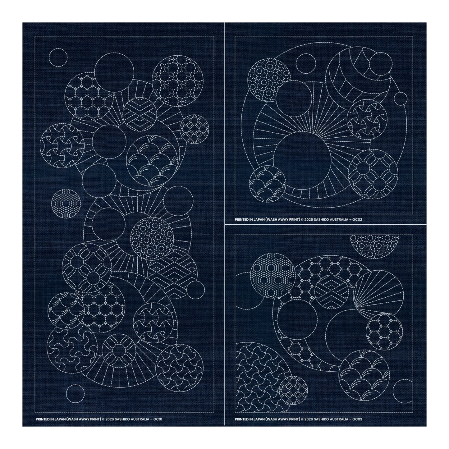 Sashiko Geometric Circles Collection – 3 Designs Cream - Everything Fabric