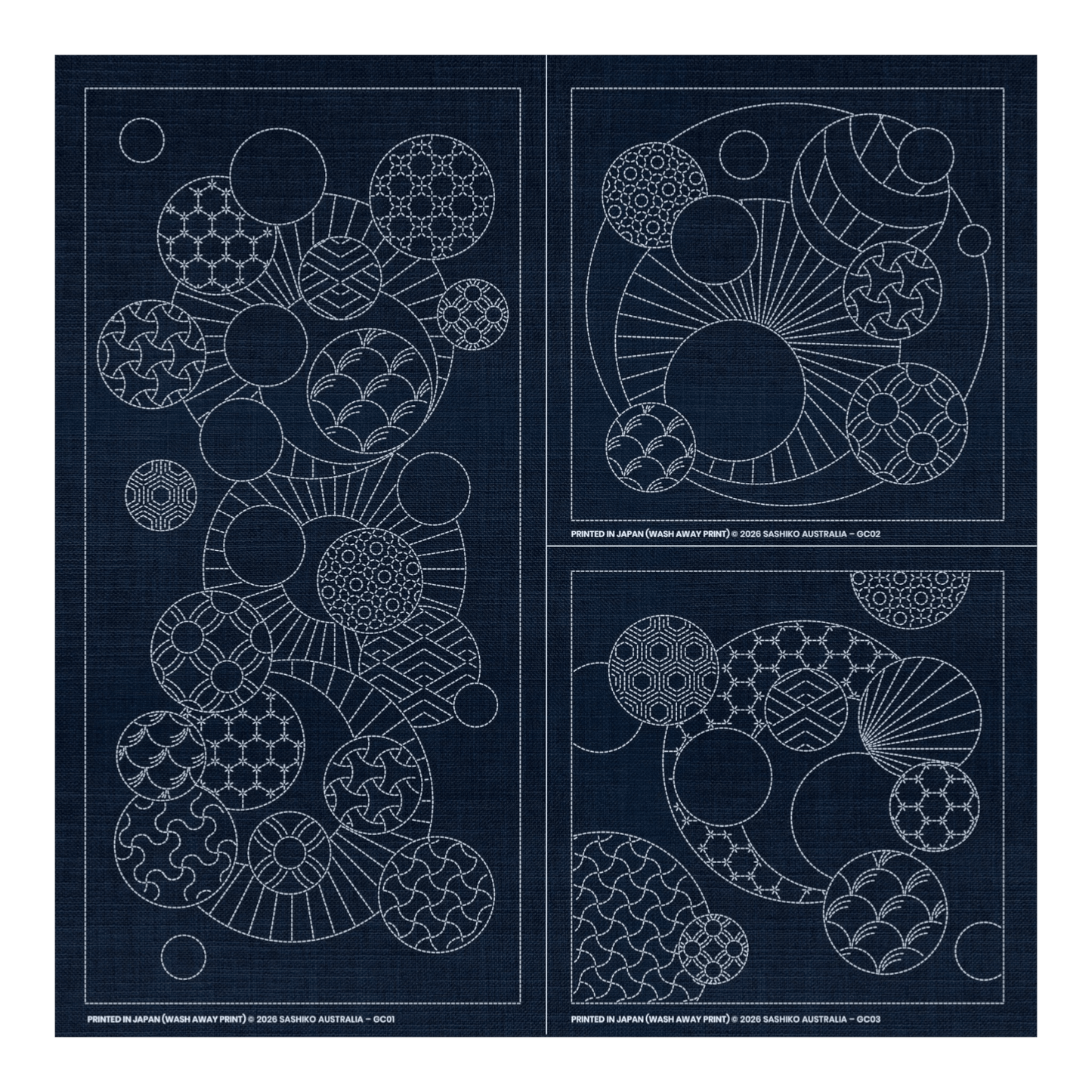 Sashiko Geometric Circles Collection – 3 Designs Indigo - Everything Fabric