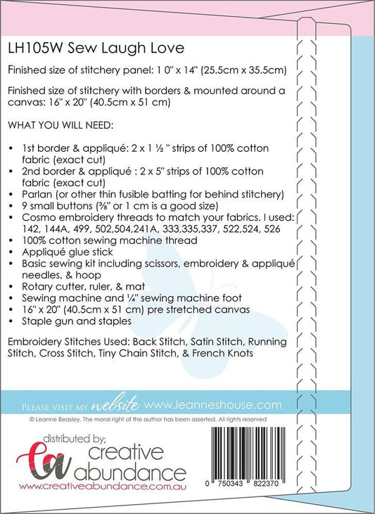 Sew Laugh Love Pre Printed on White Linen - Everything Fabric
