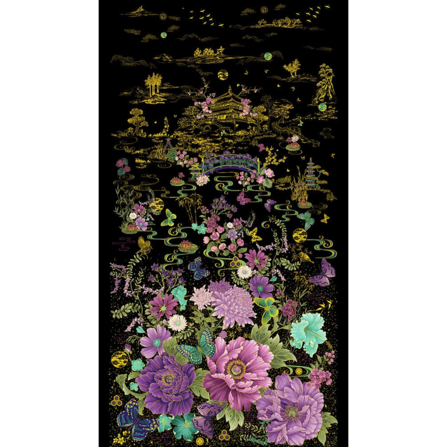 Shizuka - Black Asian Floral Butterfly Panel - Everything Fabric