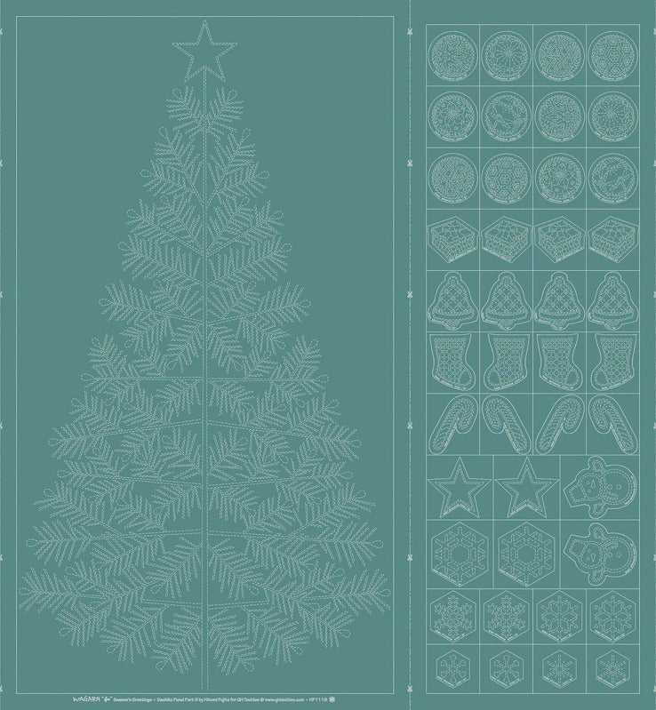 Wagara Sashiko Panel Season's Greeting Teal Blue - Everything Fabric
