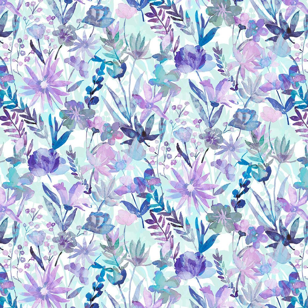 Whispering Gardens - Watercolor Blue/Violet Floral 108in WideBack - Everything Fabric