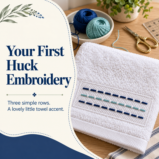 Your First Huck Embroidery — white towel with indigo and sea-glass stitching, framed by cream and navy botanical artwork