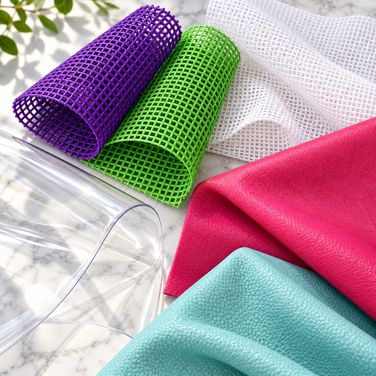Open-grid bag mesh, transparent clear vinyl and colourful textured faux leather