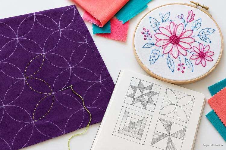 Marking Tools project inspiration: temporary fabric guidelines, embroidery placement and paper planning. Project illustration.