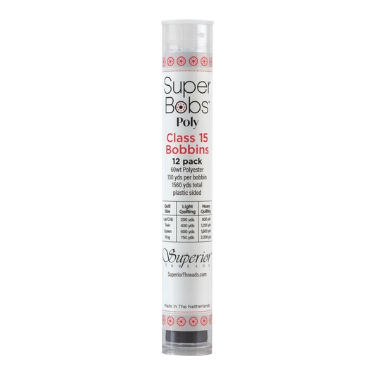 SuperBobs Polyester Bobbin 12pk Class 15 Monochrome machine threading and quilting