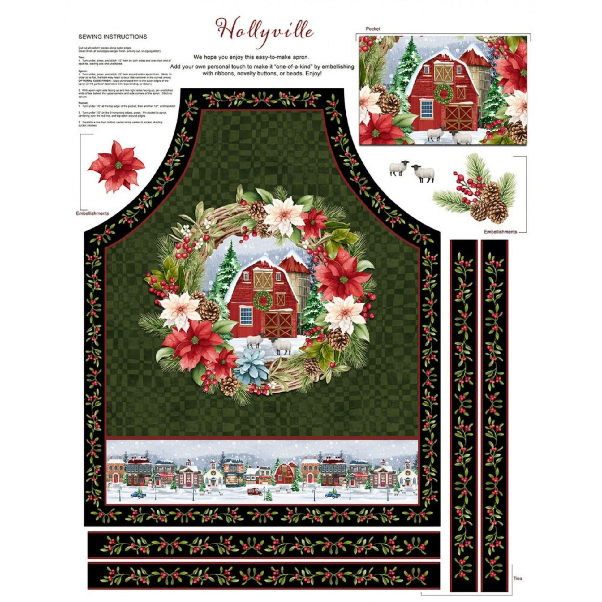 Hollyville Green Apron Panel - 914 mm wide for patchwork, quilting and sewing