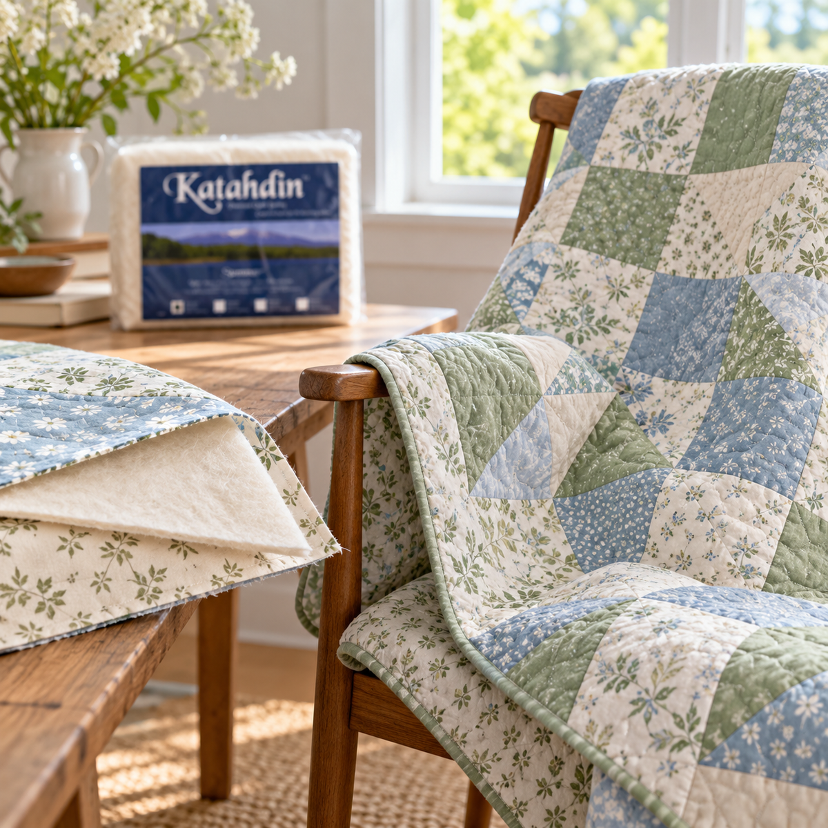 Bosal Katahdin Summer Cotton Batting – 3 oz — digitally illustrated project inspiration; batting sold separately from finished projects