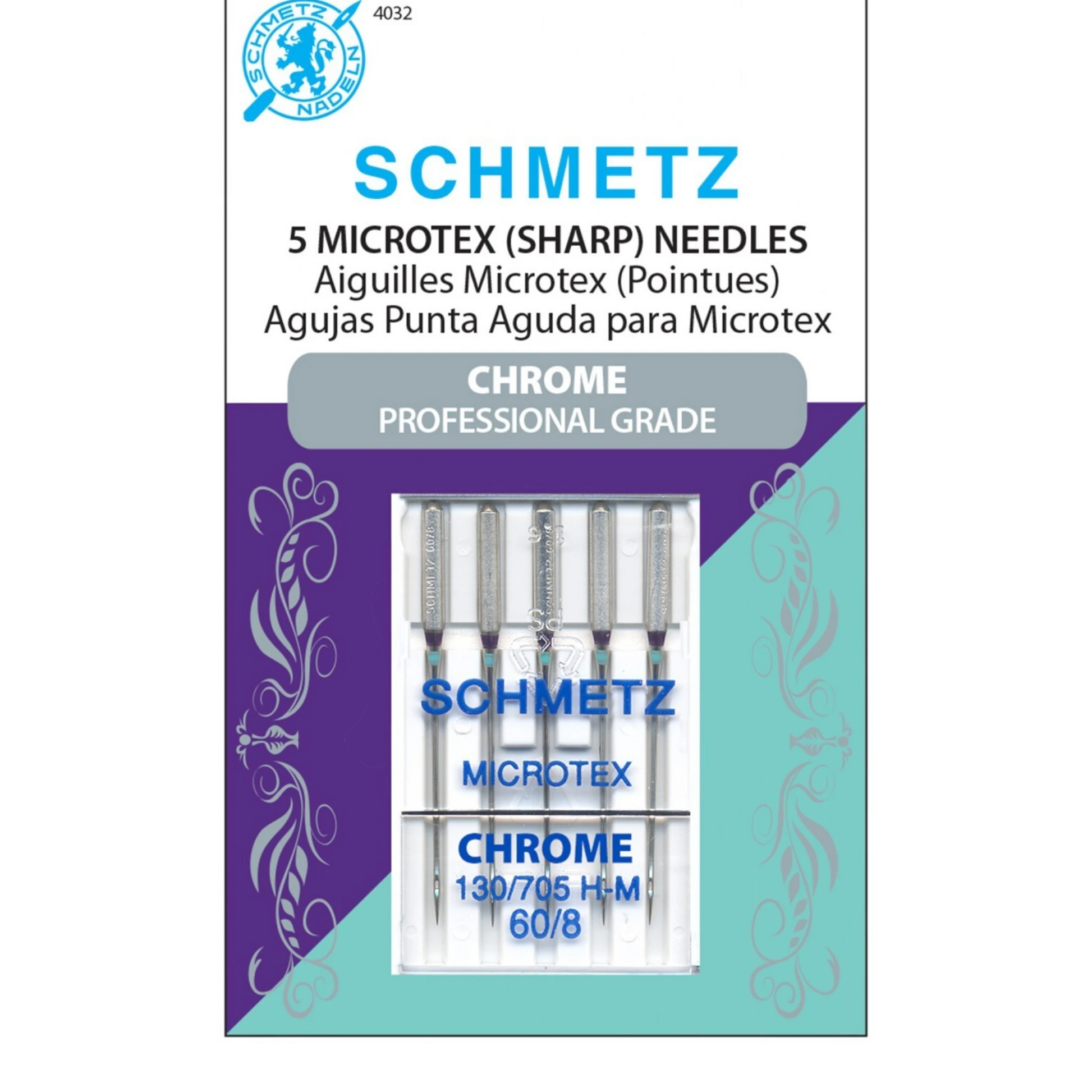 Schmetz Chrome Needles - Microtex (SHARP) 60/8 - 5 pack , quilting and needlework