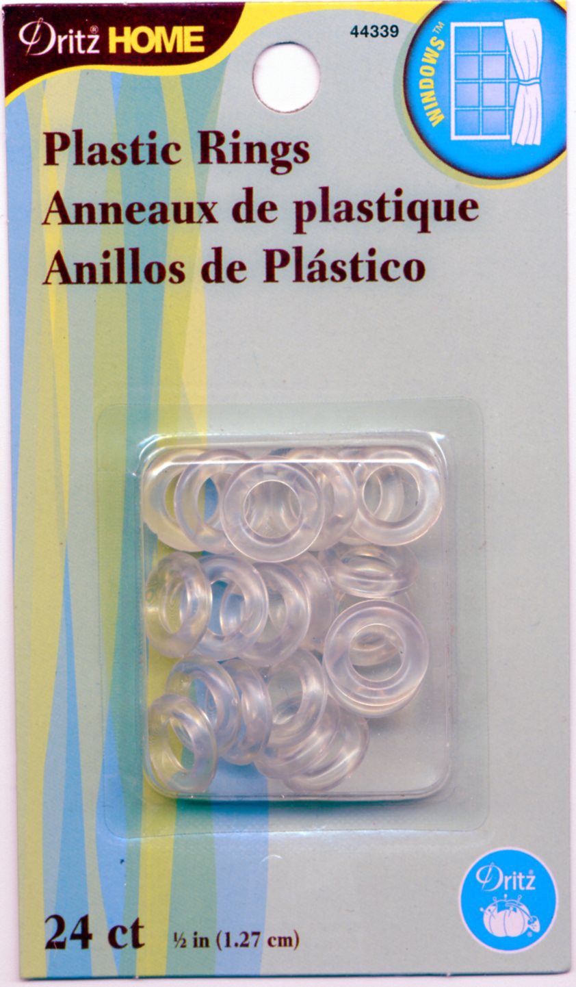 Pack of 24 clear plastic sewing rings in a clear plastic clamshell package on a white and blue card backing. The brand Dritz is visible.