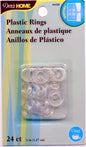 Pack of 24 clear plastic sewing rings in a clear plastic clamshell package on a white and blue card backing. The brand Dritz is visible.