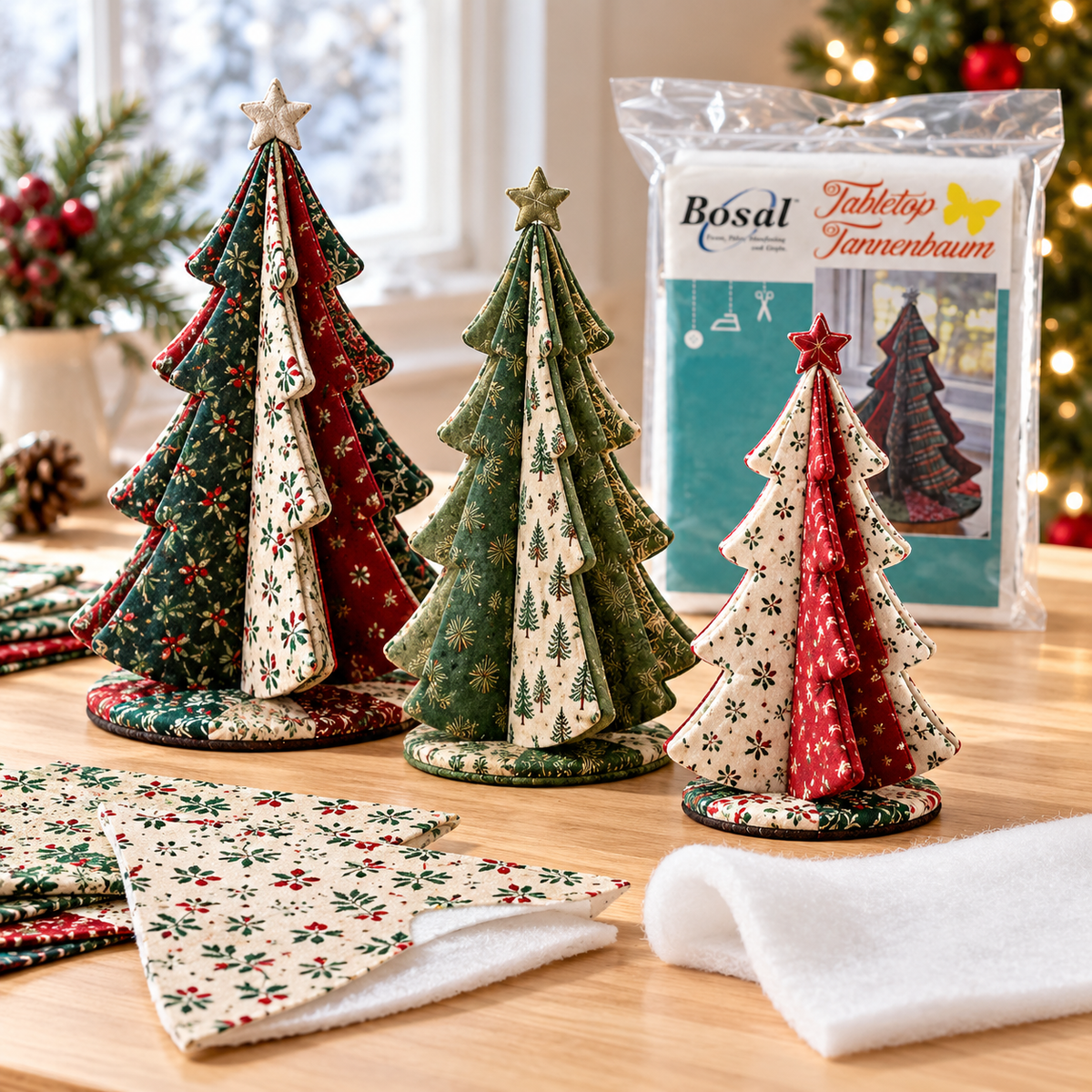 Bosal Tabletop Tannenbaum Moldable Batting – 18 × 45 inch — digitally illustrated project inspiration; batting sold separately from finished projects