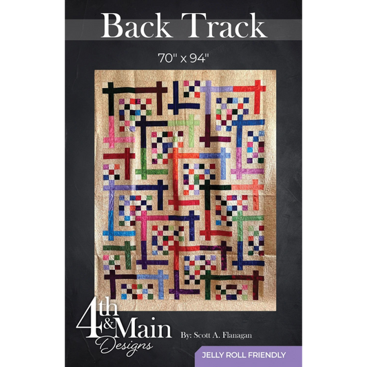 Everything Fabric Back Track quilt pattern featuring a modern, colourful patchwork design on a textured gold background.