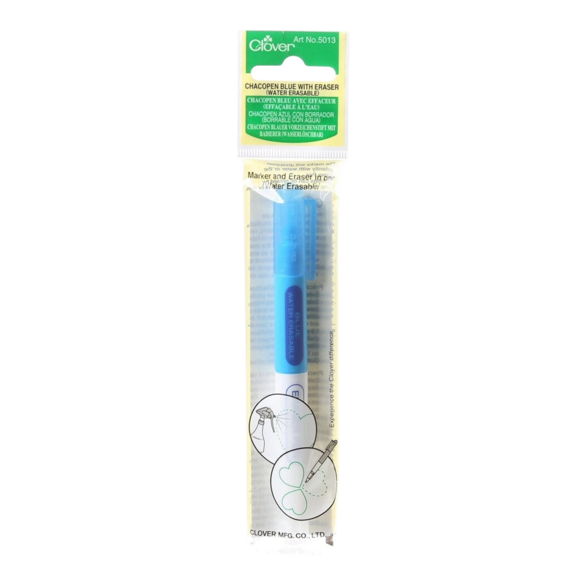 Chacopen Blue Water Soluble Dual Tip Pen With Eraser for embroidery, applique and sewing projects