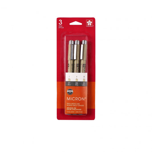 Pigma Micron Pen Set, Cool Gray, #44 (01 (.25 m), 3 pk , sewing and fabric marking