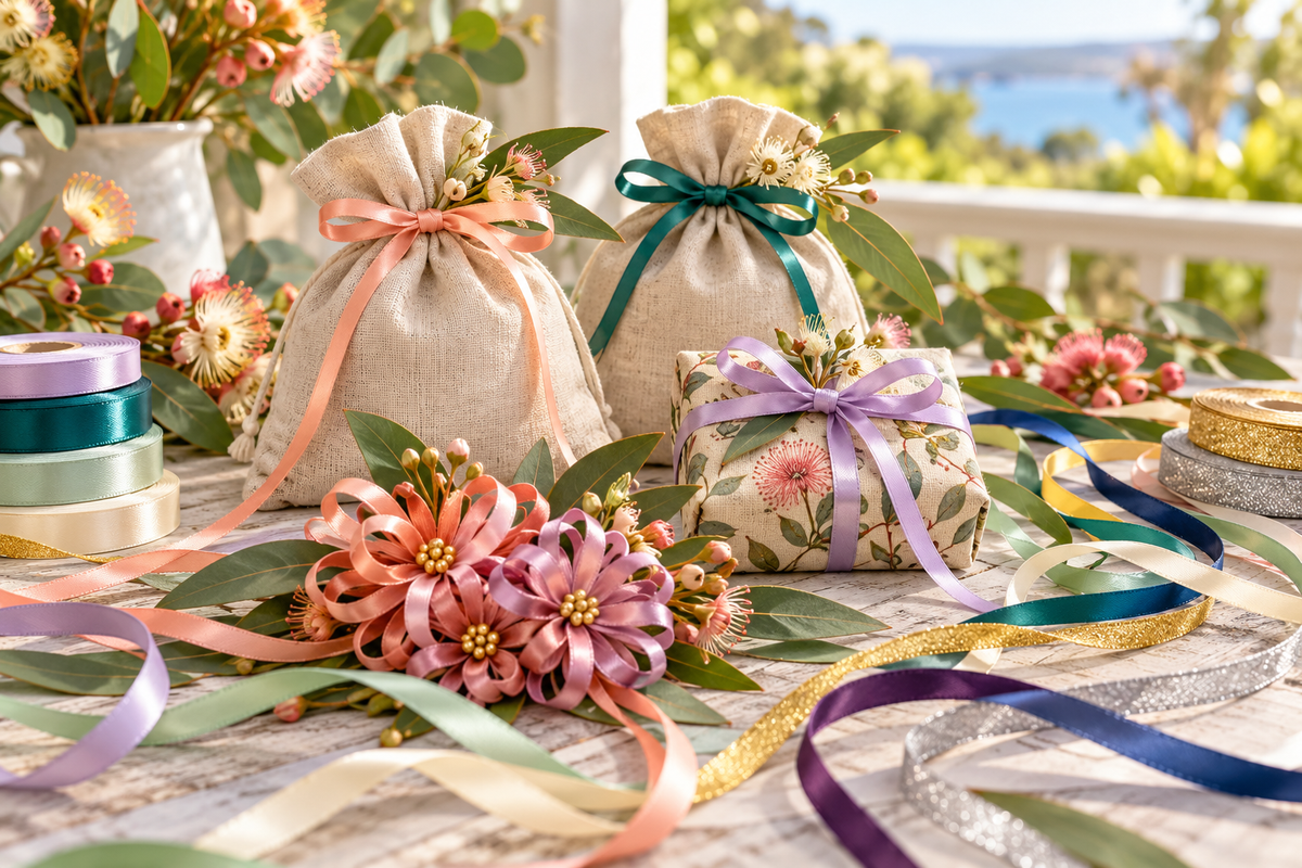 Project inspiration: narrow satin ribbon bows on fabric gift pouches and a wrapped parcel, ribbon-loop flowers and eucalyptus. Projects, patterns and other materials are not included.