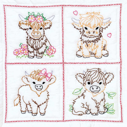 Jack Dempsey Baby Highland Cows 18 inch stamped quilt squares