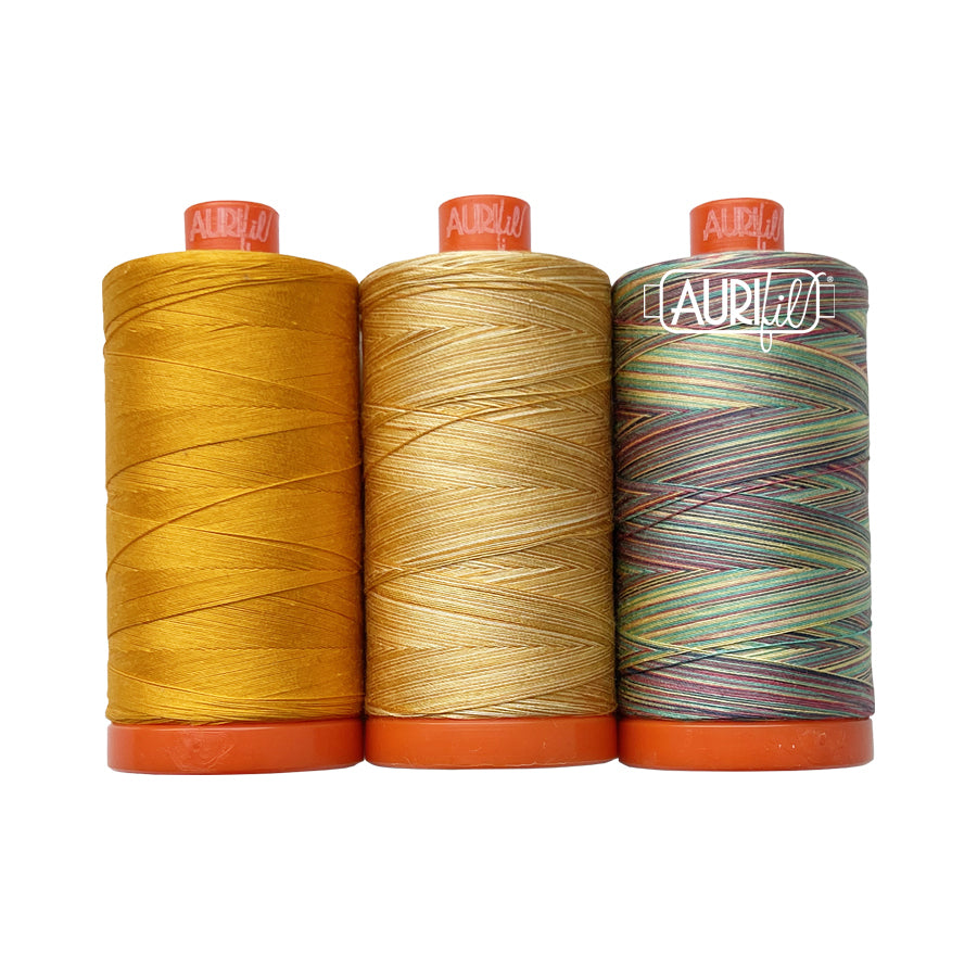 Aurifil 3pc Set Golden Shrimp Plant 50wt , piecing and stitching