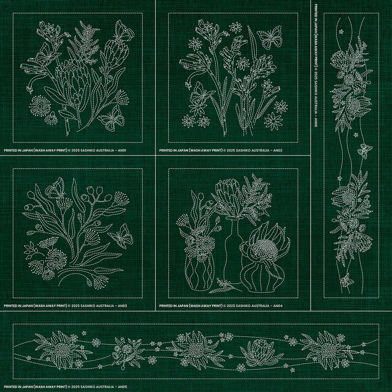 Sashiko Australia Native Floral Collection - 6 Designs GREEN , piecing and stitching