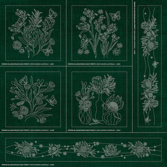 Sashiko Australia Native Floral Collection - 6 Designs GREEN , piecing and stitching