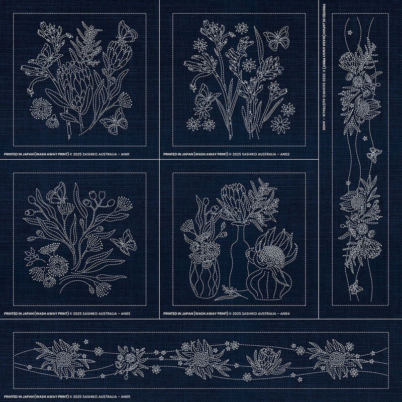 Sashiko Australia Native Floral Collection - 6 Designs INDIGO , piecing and stitching