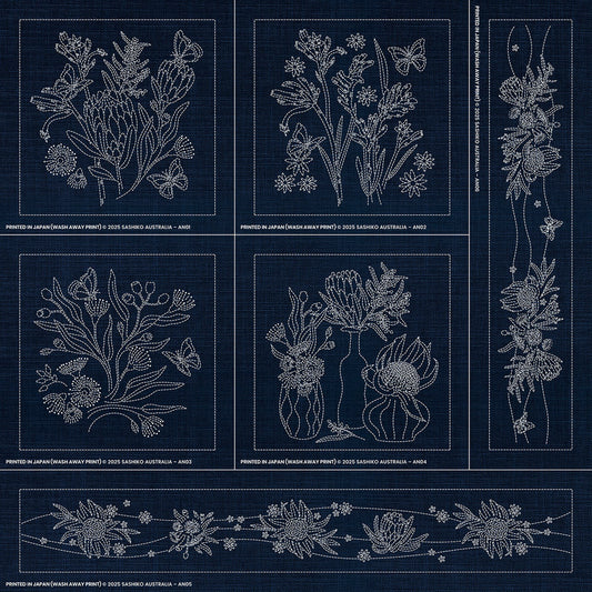 Sashiko Australia Native Floral Collection - 6 Designs INDIGO , piecing and stitching