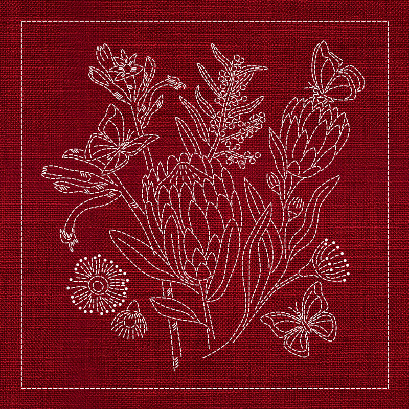 Sashiko Australia Native Flowers 1 - Cherry Red , piecing and stitching