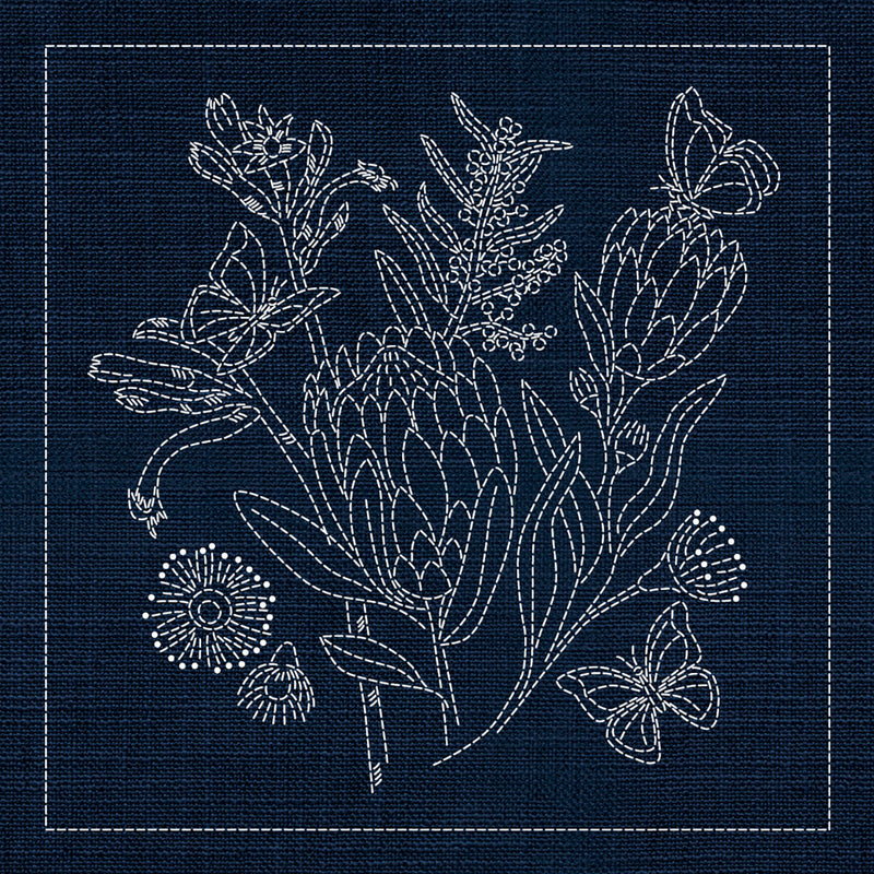 Sashiko Australia Native Flowers 1 - Indigo , piecing and stitching