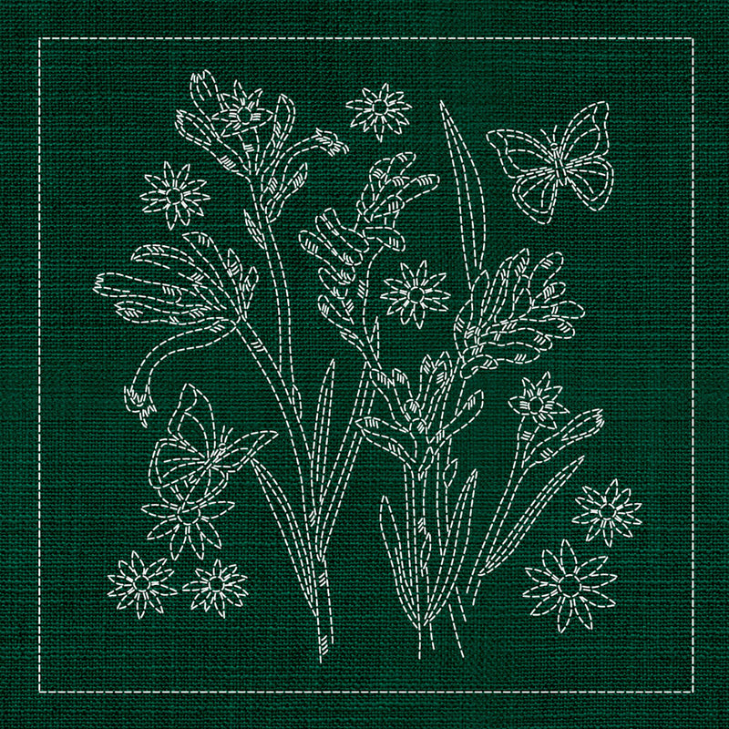 Sashiko Australia Native Flowers 2 - GREEN , piecing and stitching