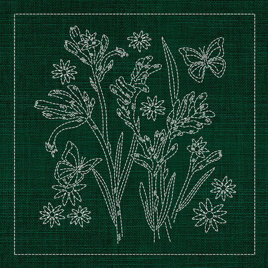 Sashiko Australia Native Flowers 2 - GREEN , piecing and stitching