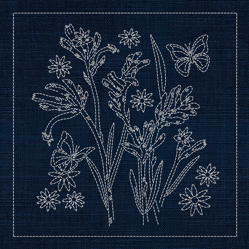 Sashiko Australia Native Flowers 2 - Indigo , piecing and stitching