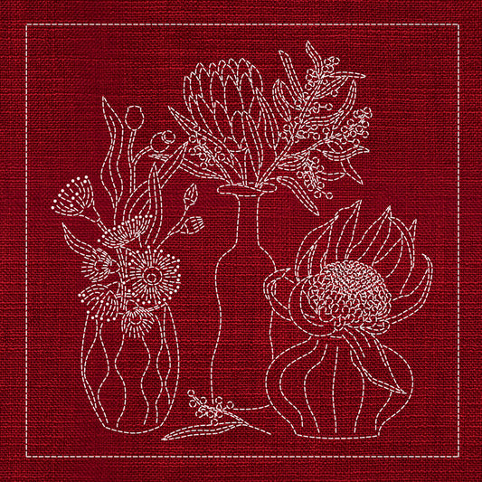 Sashiko Australia Native Flowers 4 - CHERRY RED , piecing and stitching
