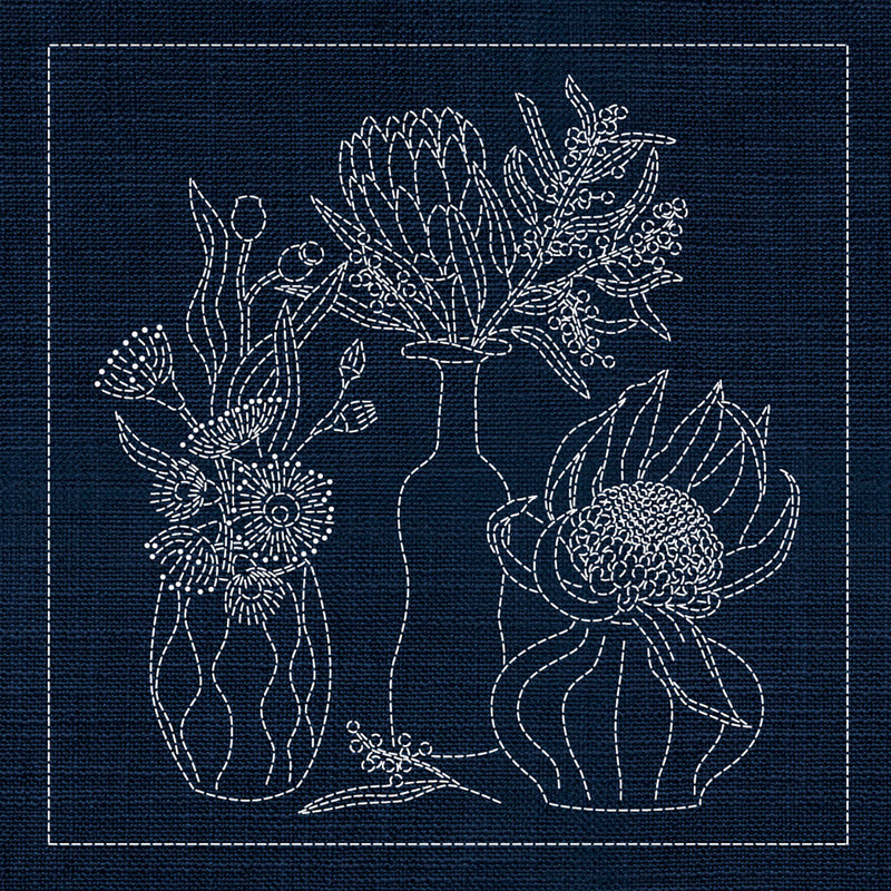 Sashiko Australia Native Flowers 4 - Indigo , piecing and stitching