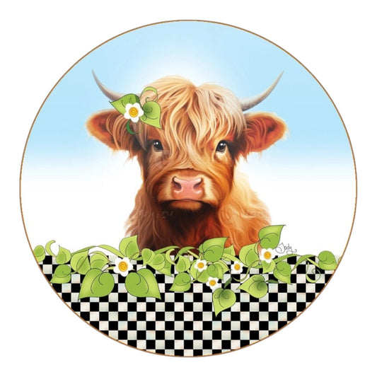 Highland Cow 127 mm Round Fabric Panel by Jody Houghton for patchwork, quilting and sewing