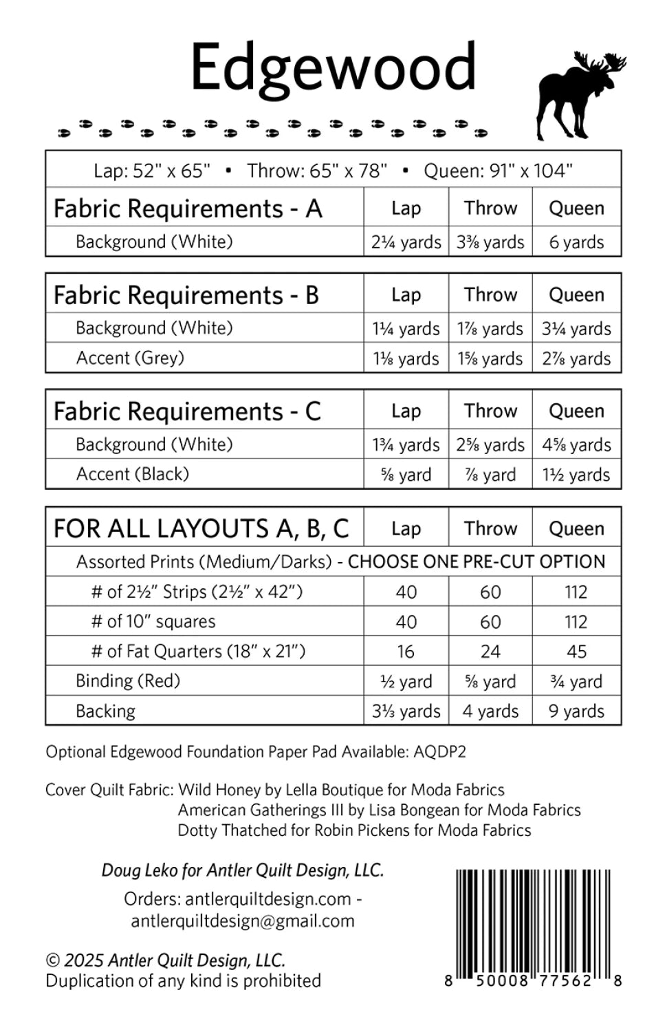 Edgewood Quilt Pattern by Doug Leko - Antler Quilt Design Precut Friendly Pattern