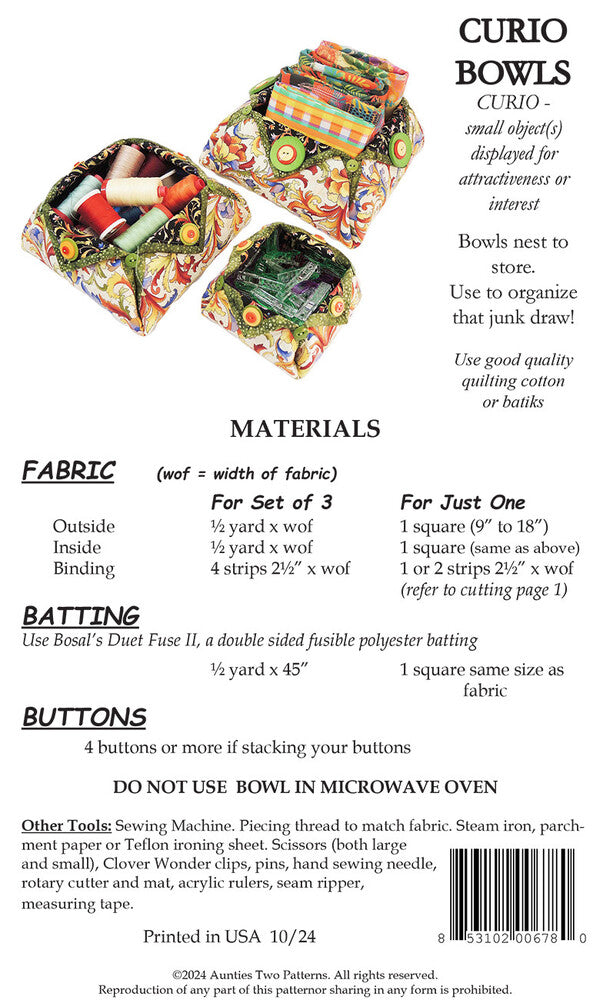 Curio Bowls Pattern , quilting and craft projects