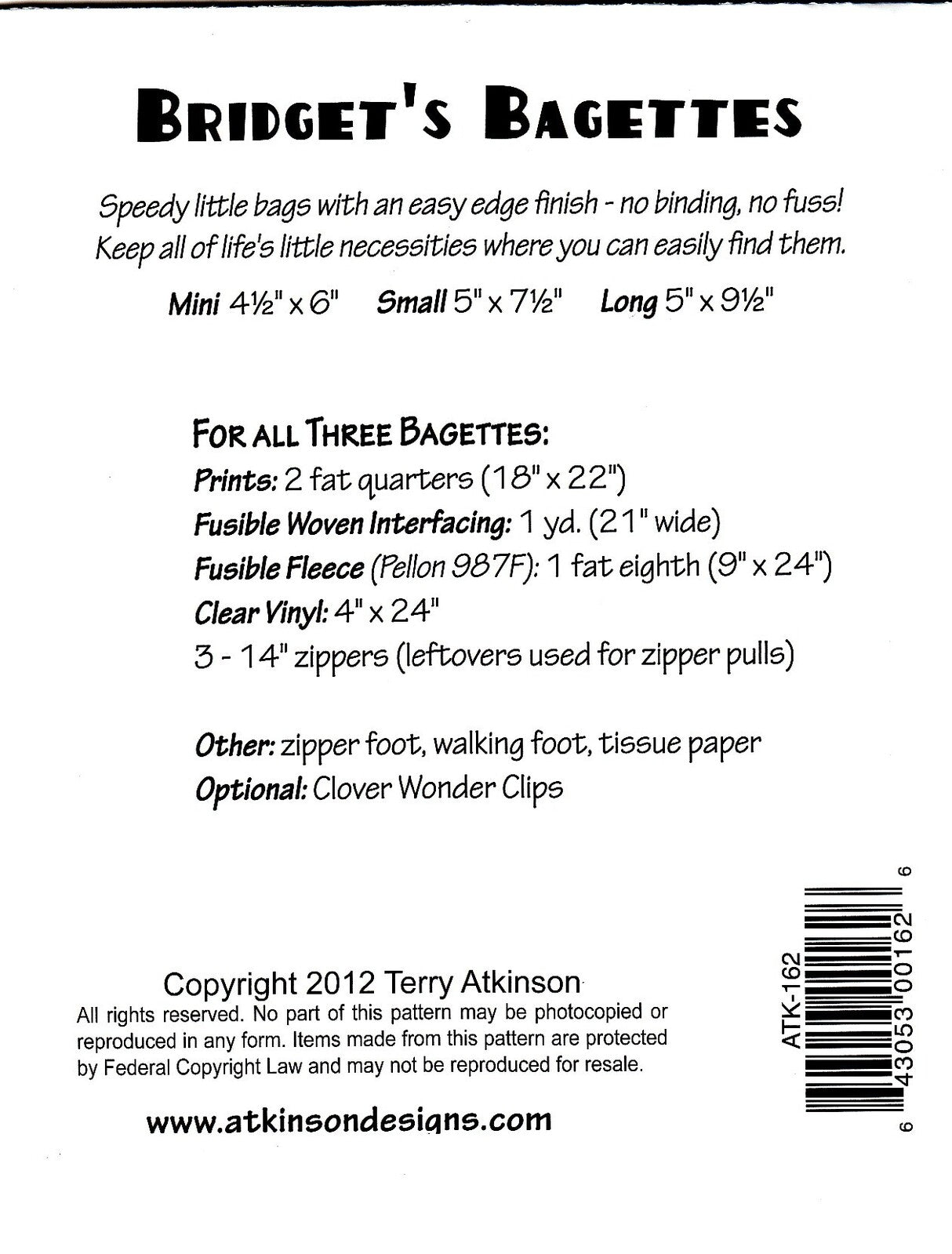 Bridget's Bagettes Pattern , quilting and craft projects